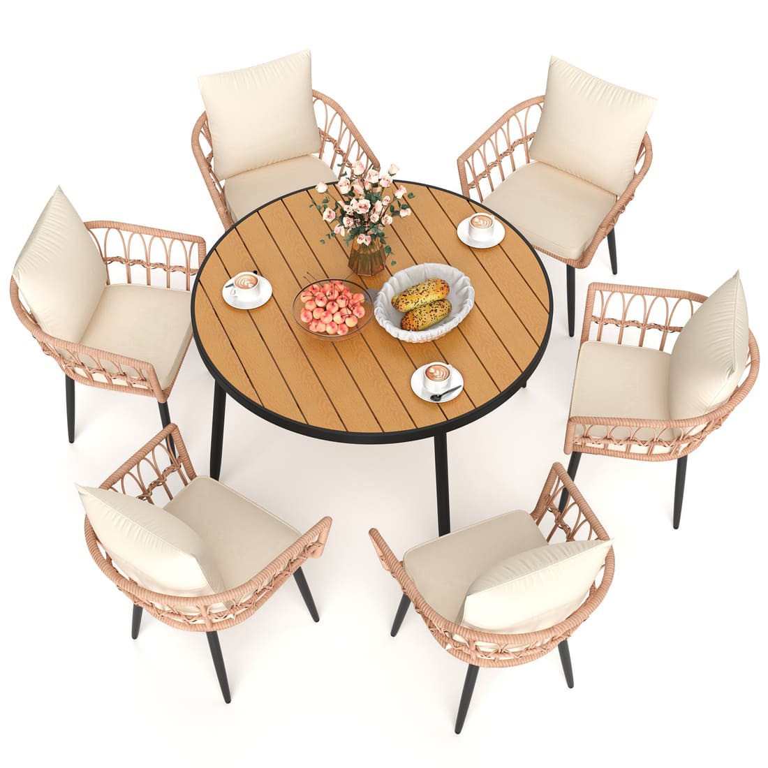 Pamapic Patio Round Dining Set with Wood Table Top & Wicker Rattan Chairs