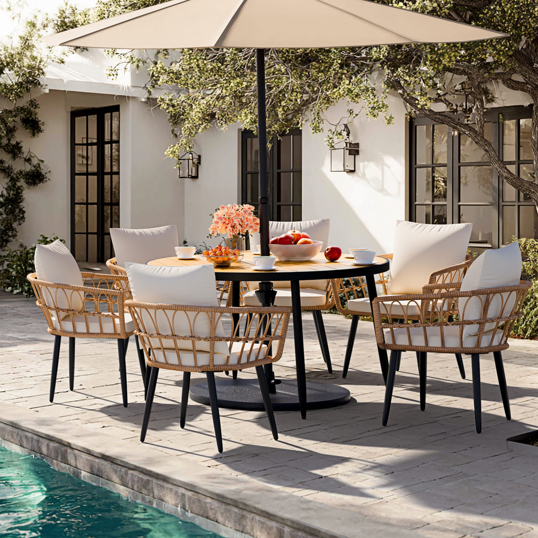 Pamapic Patio Round Dining Set with Wood Table Top & Wicker Rattan Chairs