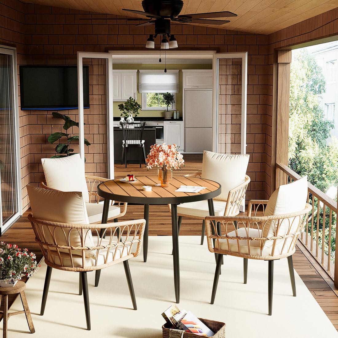 Pamapic Patio Round Dining Set with Wood Table Top & Wicker Rattan Chairs