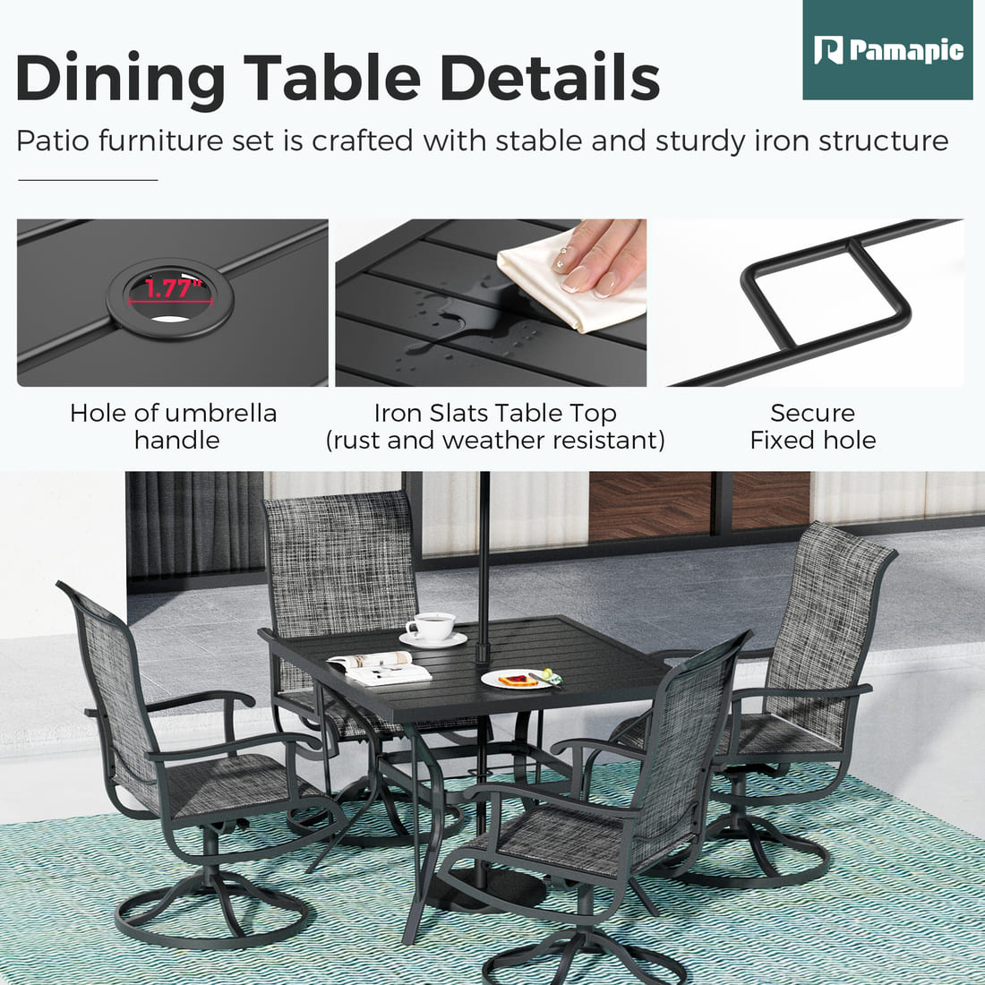 Pamapic 5-Piece Patio Dining Set with 4 Textilene Swivel Chairs