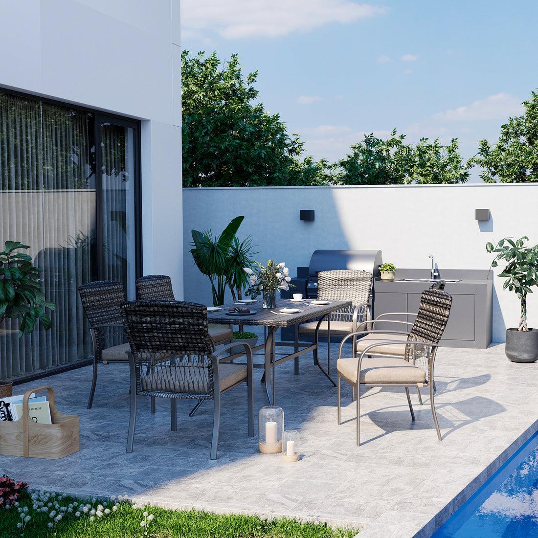 Pamapic Metal Outdoor Dining Sets for 6 with Iron Slats Table Top & Removable Cushion