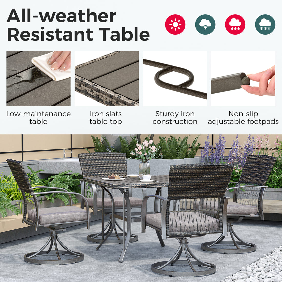Pamapic Outdoor Dining Table with 4 Swivel Chairs (5 Pieces)