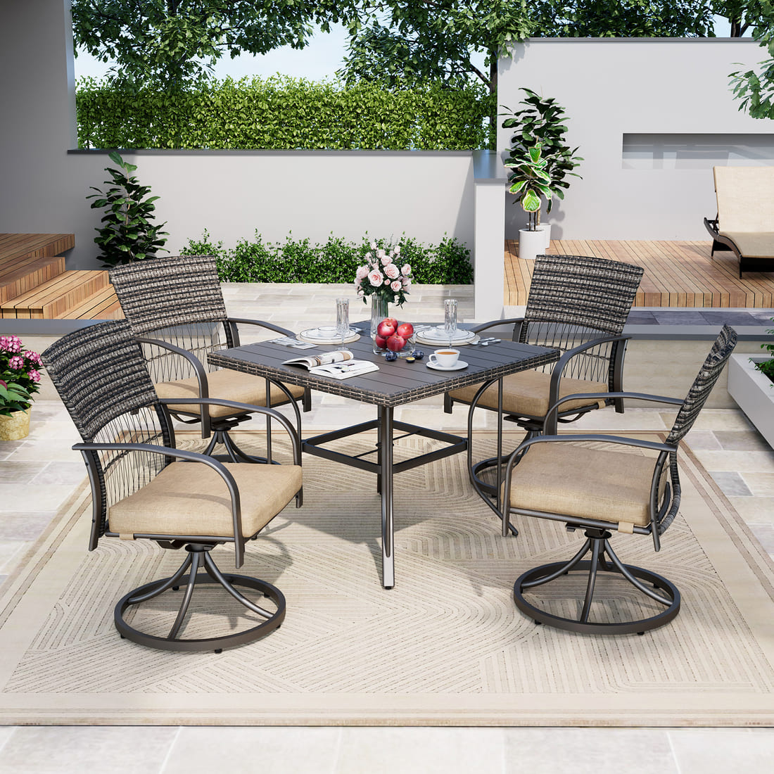 Pamapic Outdoor Dining Table with 4 Swivel Chairs (5 Pieces)