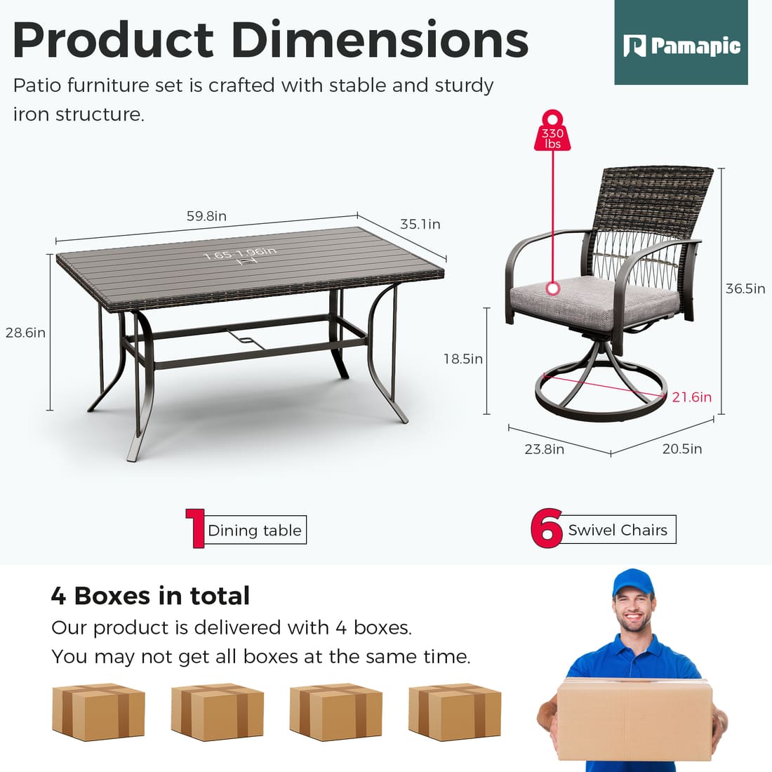 Pamapic Dining Table with 6 Swivel Chairs (7 Pieces)