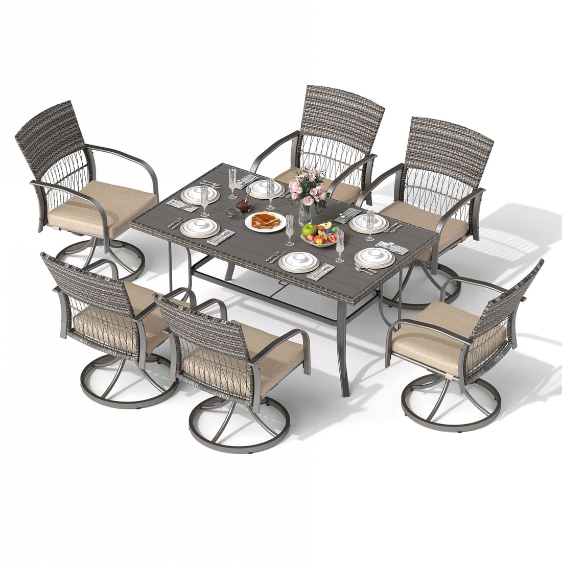 Pamapic Dining Table with 6 Swivel Chairs (7 Pieces)