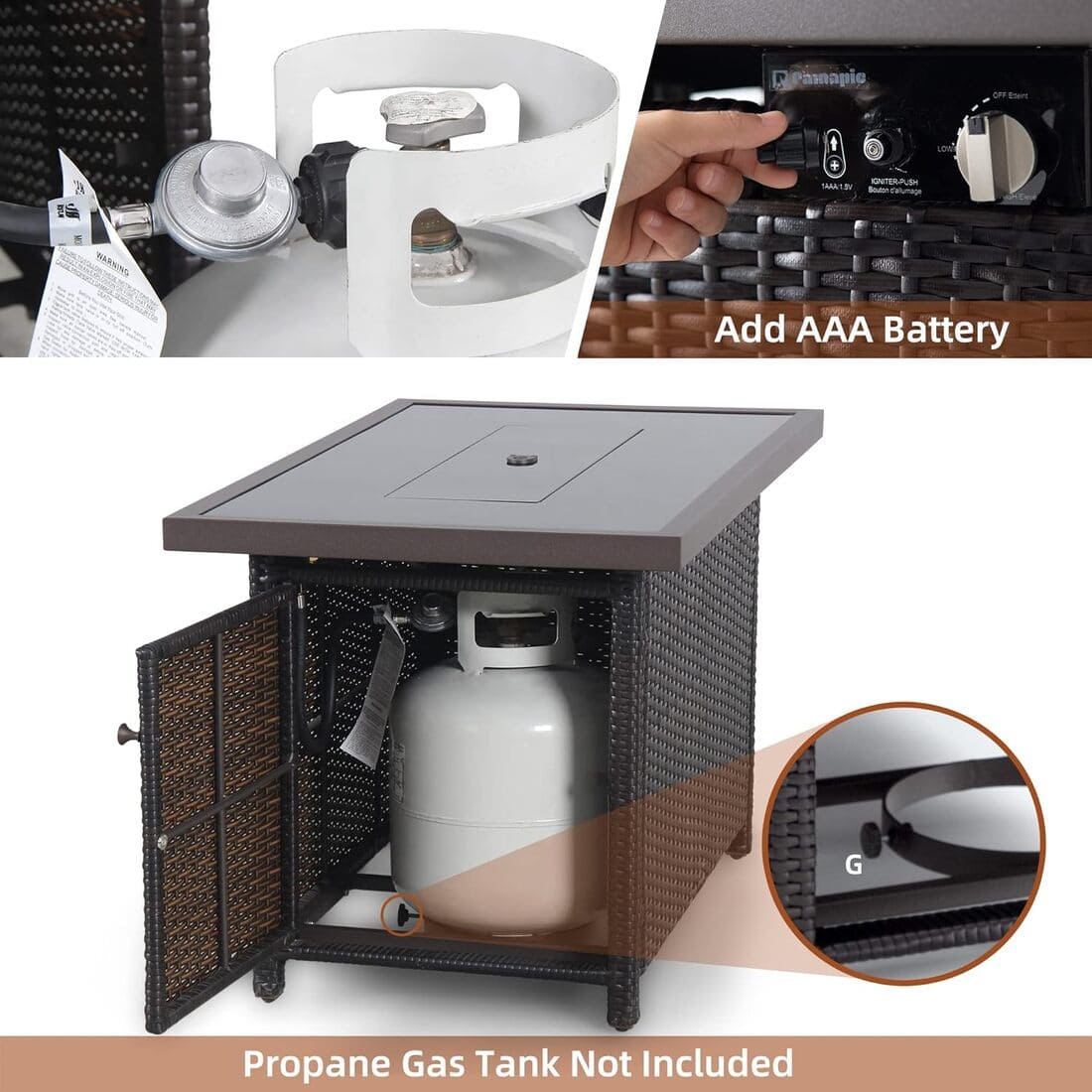 Pamapic 42" Rectangular Propane Fire Pit Table with Glass Wind Guard, 50,000 BTU Output