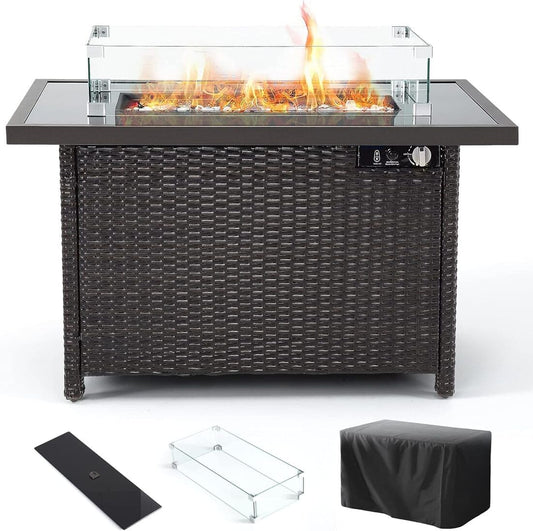 Pamapic 42" Rectangular Propane Fire Pit Table with Glass Wind Guard, 50,000 BTU Output