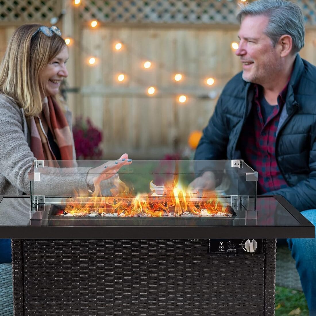Pamapic 42" Rectangular Propane Fire Pit Table with Glass Wind Guard, 50,000 BTU Output