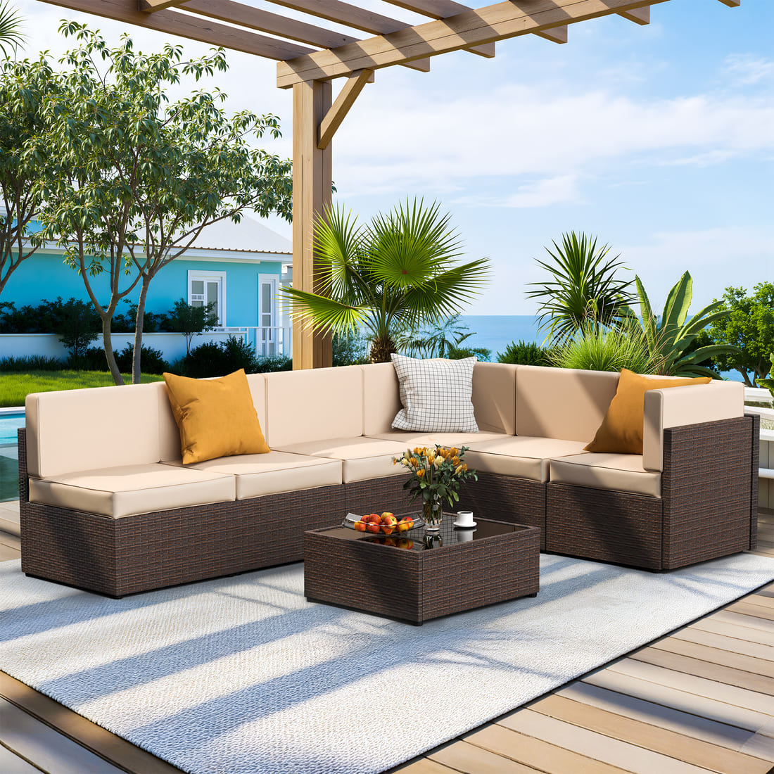 Pamapic Rattan Outdoor Sectional Couch Set  (7 Pieces)