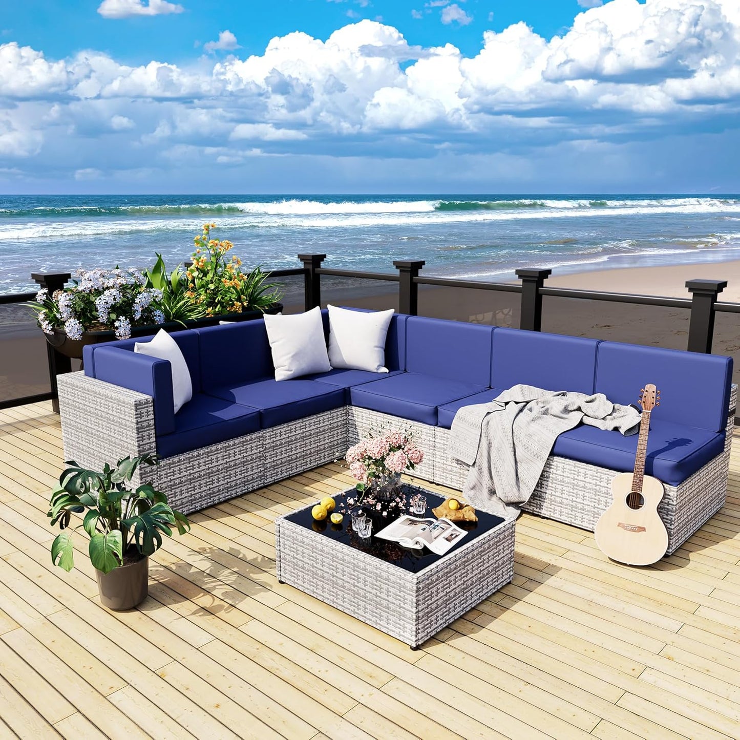Pamapic Rattan Outdoor Sectional Couch Set  (7 Pieces)
