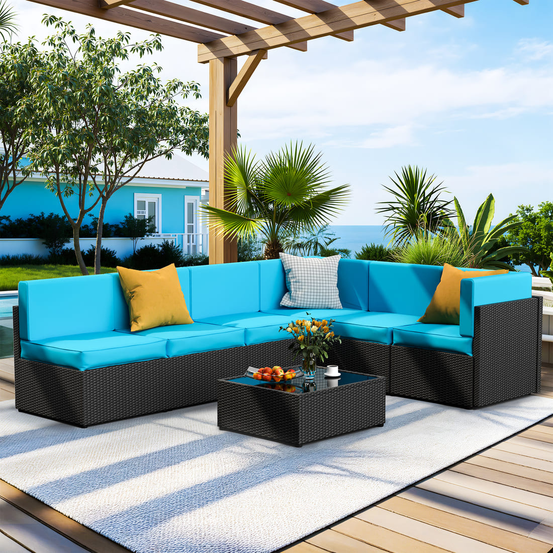 Pamapic Rattan Outdoor Sectional Couch Set  (7 Pieces)