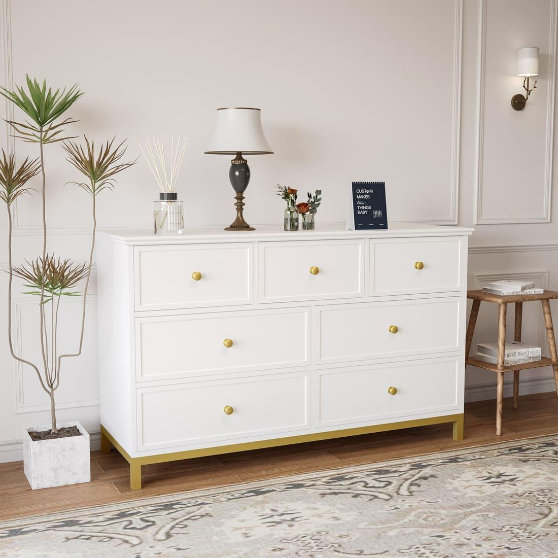 Pamapic 7-Drawer Dresser TV Stand, White