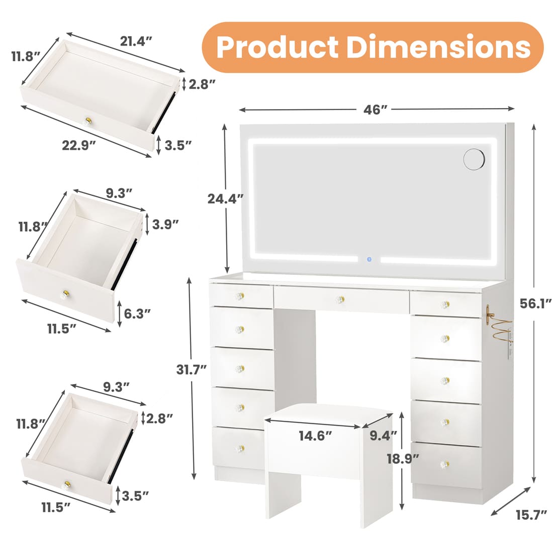 Pamapic 11 Drawers Vanity Desk with Mirror & Glass Top, White