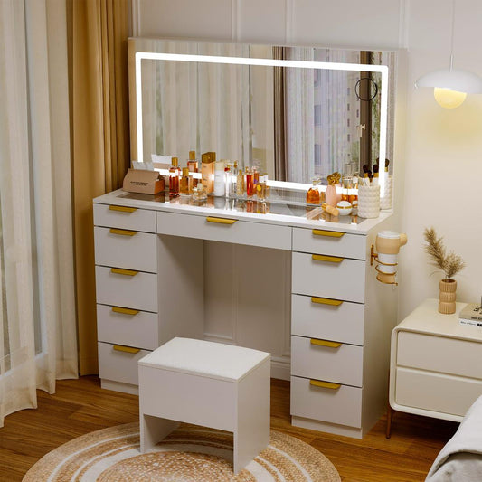 Pamapic 11 Drawers Vanity Desk with Mirror & Glass Top, White