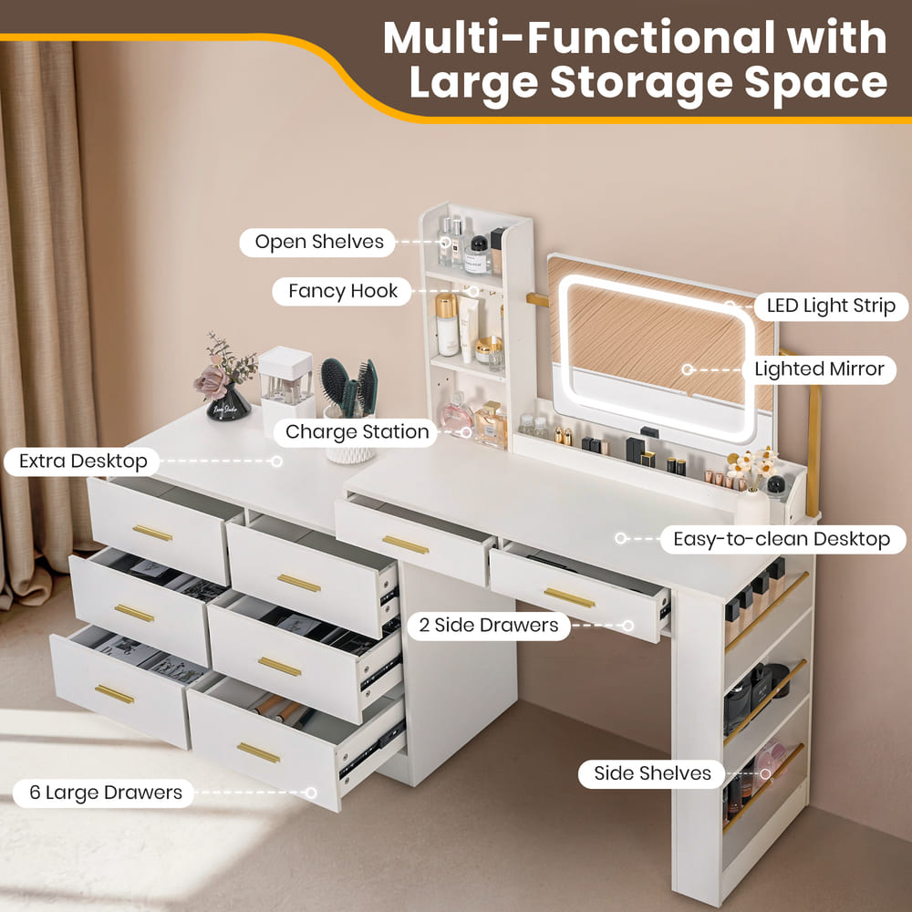 Pamapic 8-Drawer Adjustable Width(60"-67") Vanity Desk with Lighted Mirror & Power Outlets