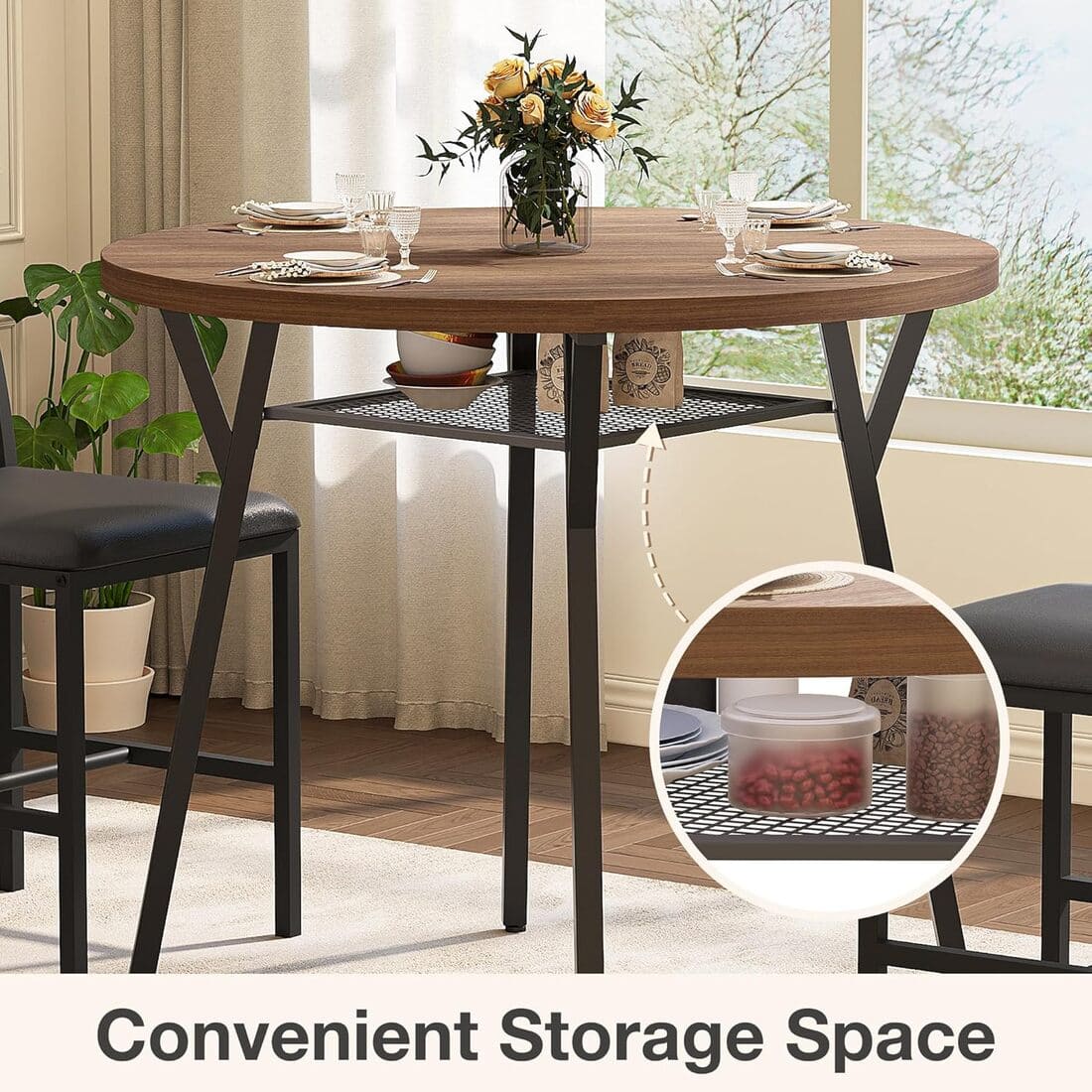 Pamapic Modern Round Dining Table Set for 4 with Meta Frame, Walnut