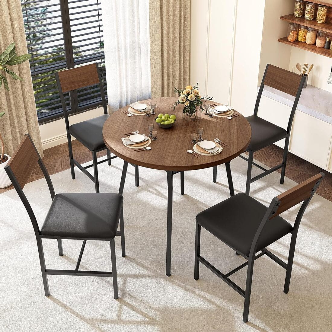 Pamapic Modern Round Dining Table Set for 4 with Meta Frame, Walnut