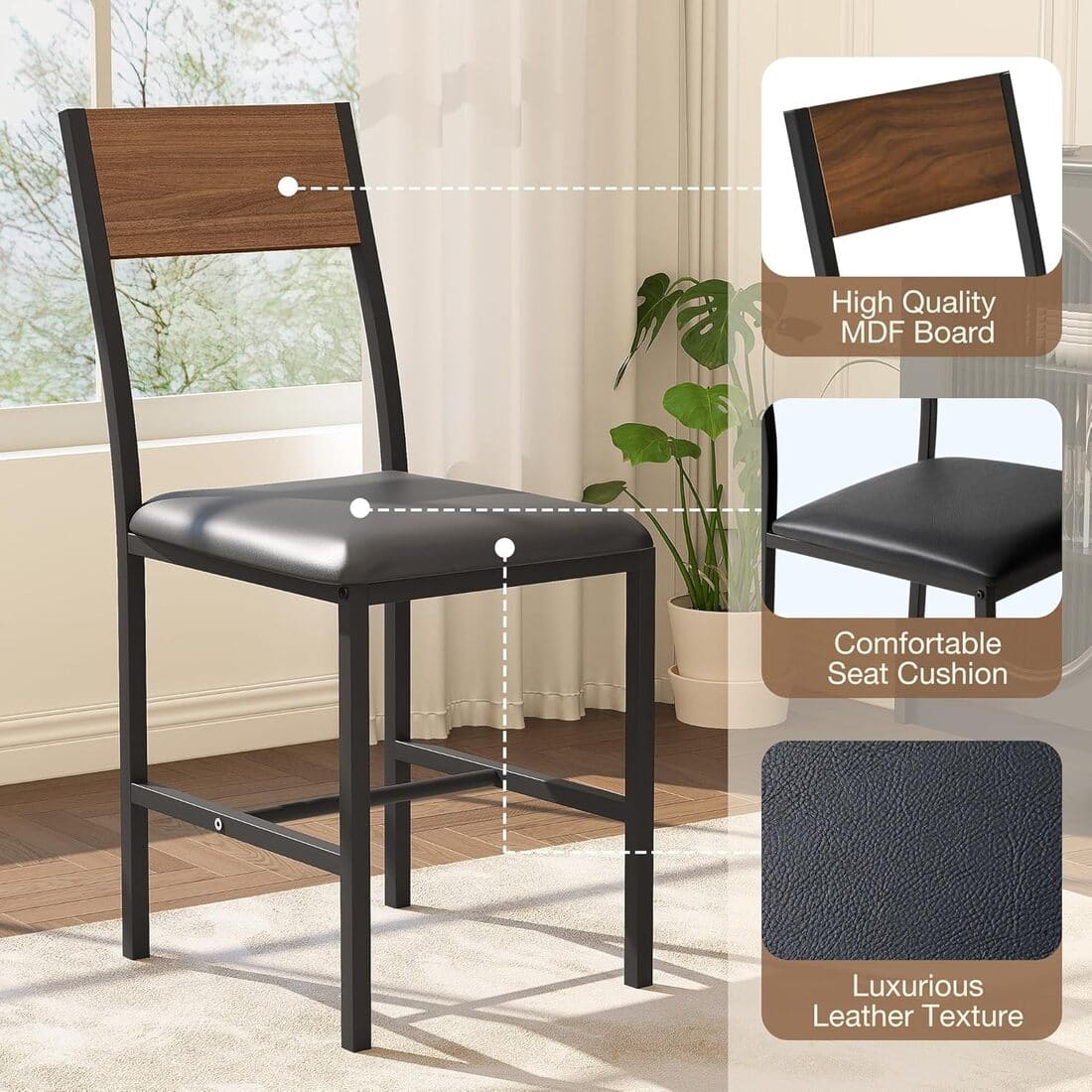 Pamapic Modern Round Dining Table Set for 4 with Meta Frame, Walnut