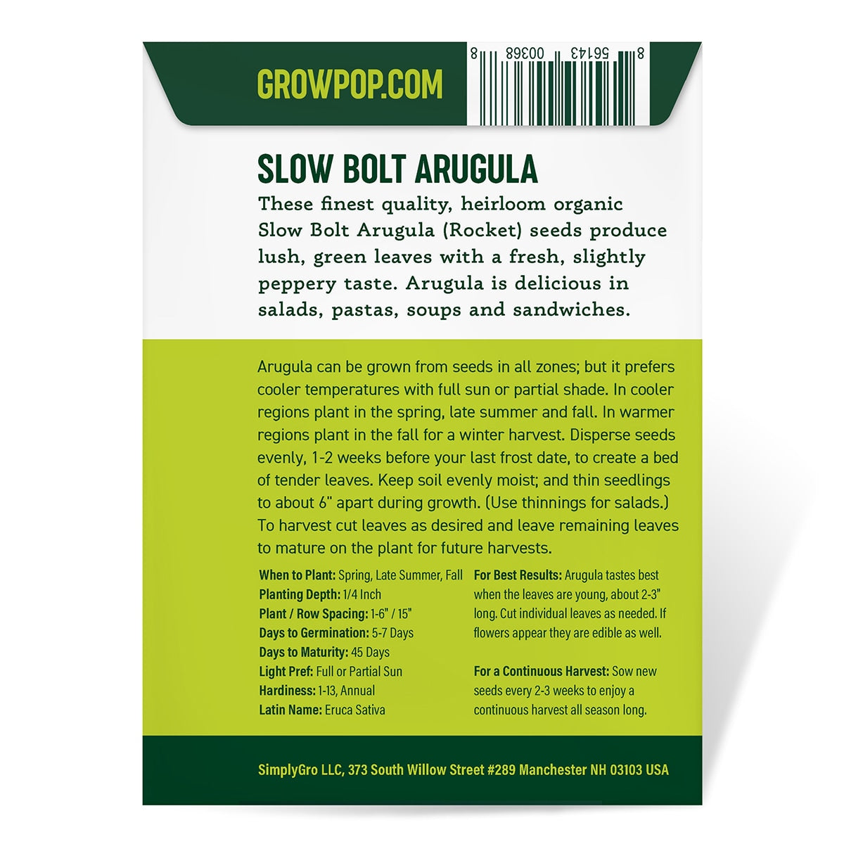 Purely Organic Slow Bolt Arugula Seeds - USDA Organic