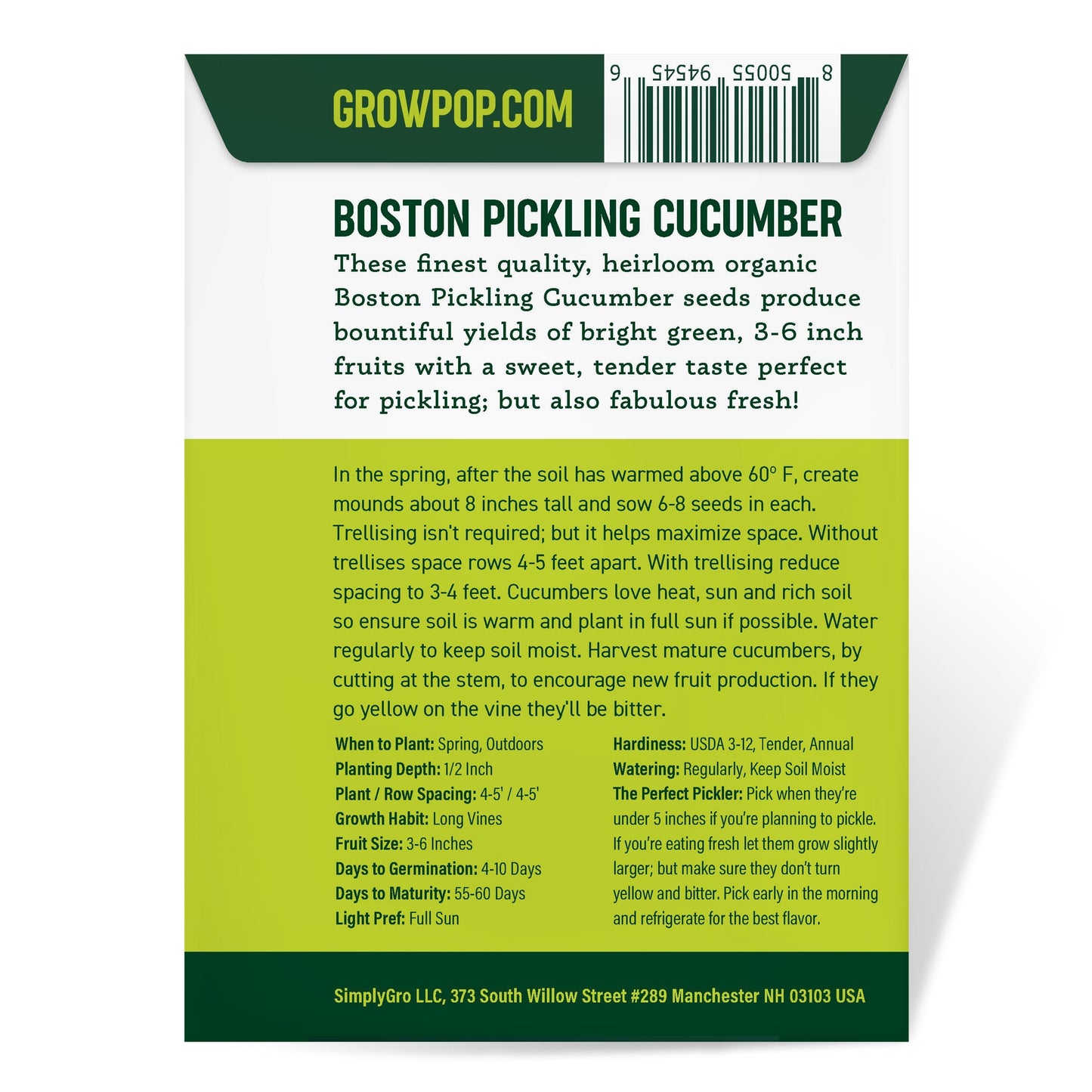 Purely Organic Boston Pickling Cucumber Seeds - USDA Organic
