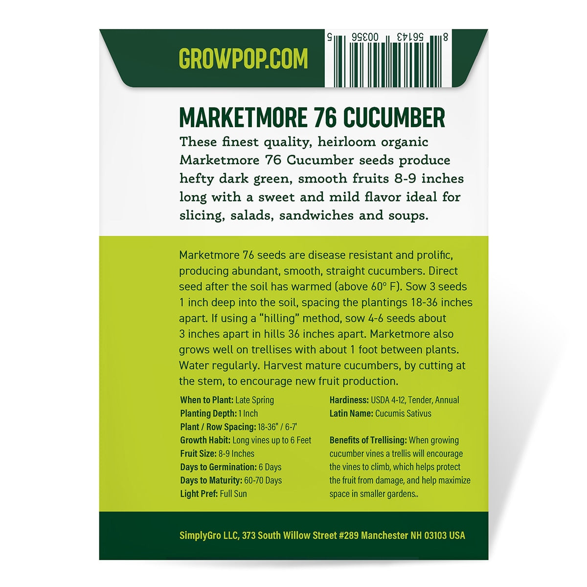 Purely Organic Marketmore 76 Cucumber Seeds - USDA Organic
