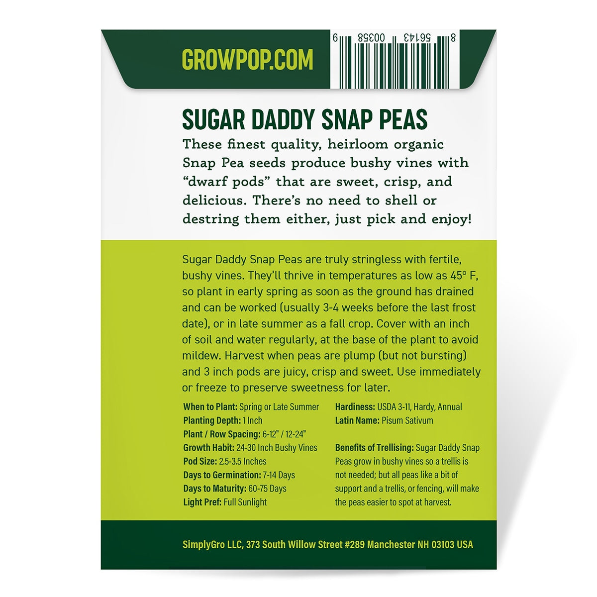Purely Organic Sugar Daddy Snap Pea Seeds - USDA Organic