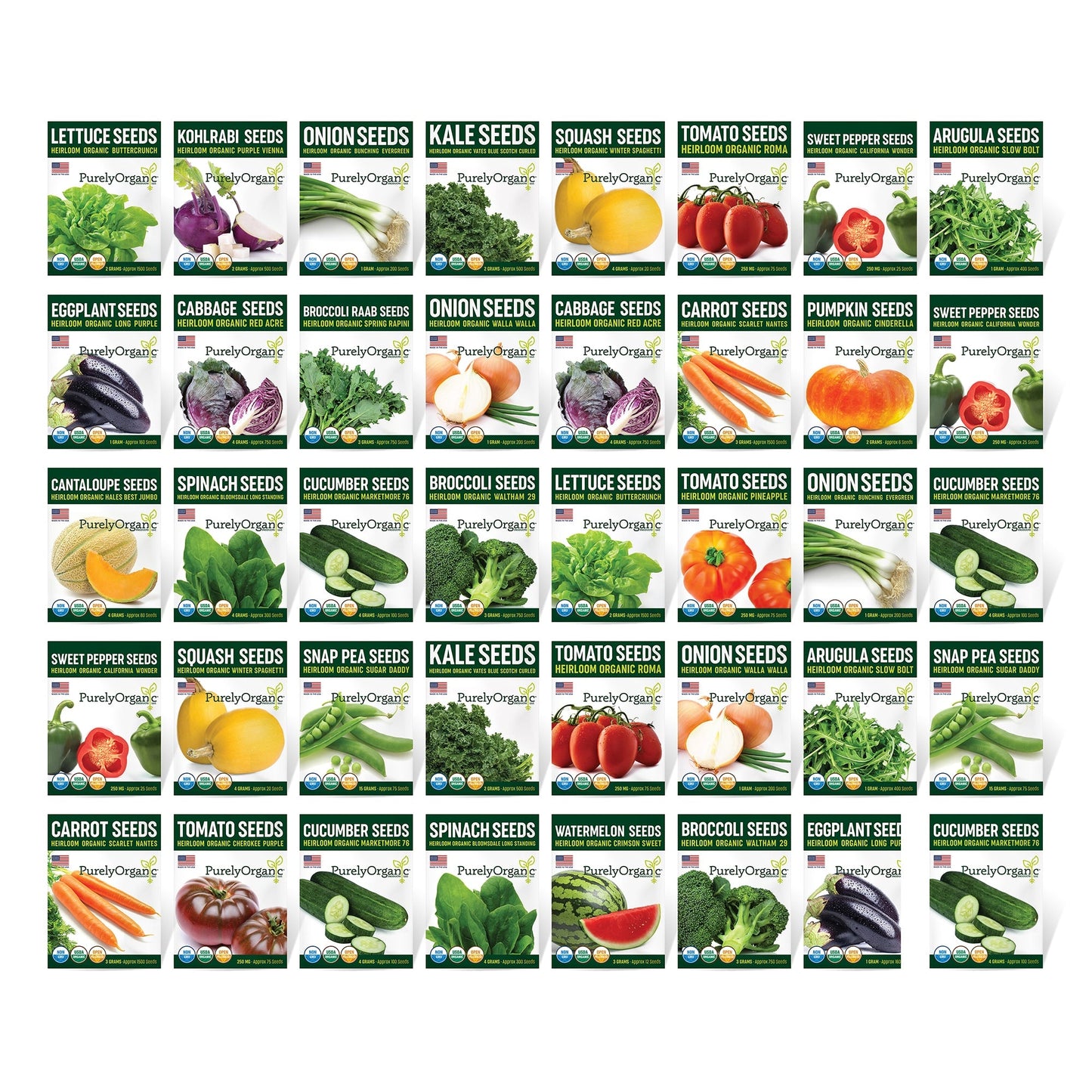 Purely Organic Vegetable Seed Variety Pack - 40 USDA Organic Seed Packets