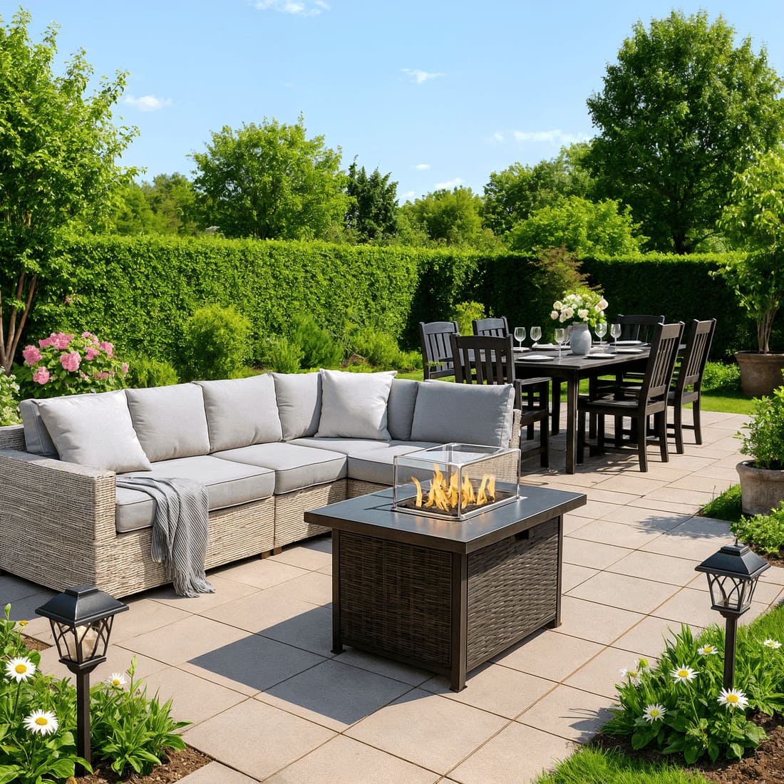 Pamapic Outdoor Sectional Couch Set with Fire Pit Table