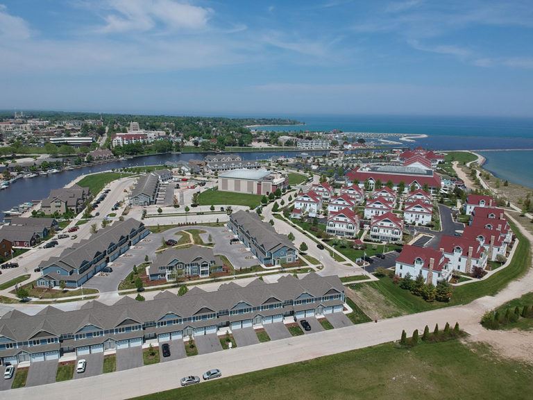 Aerial view of Sheboygan's South Pier and the Lake Michigan shoreline