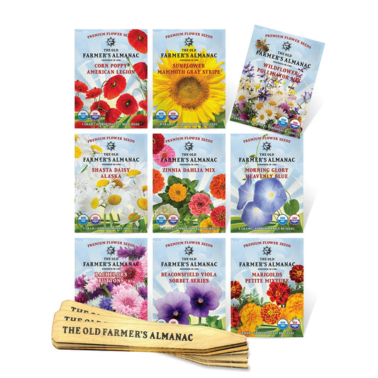 The Old Farmer's Almanac Flower Garden Starter Kit with Wooden Plant Markers - 9 Seed Packets - Over 8000 Seeds