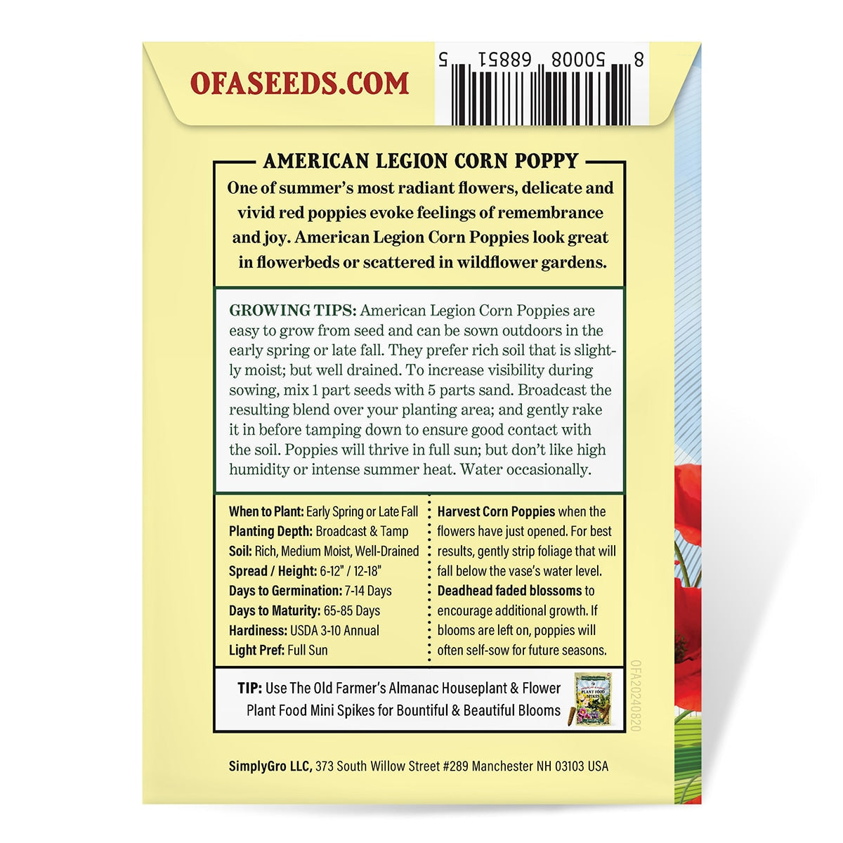 The Old Farmer's Almanac American Legion Corn Poppy Seeds
