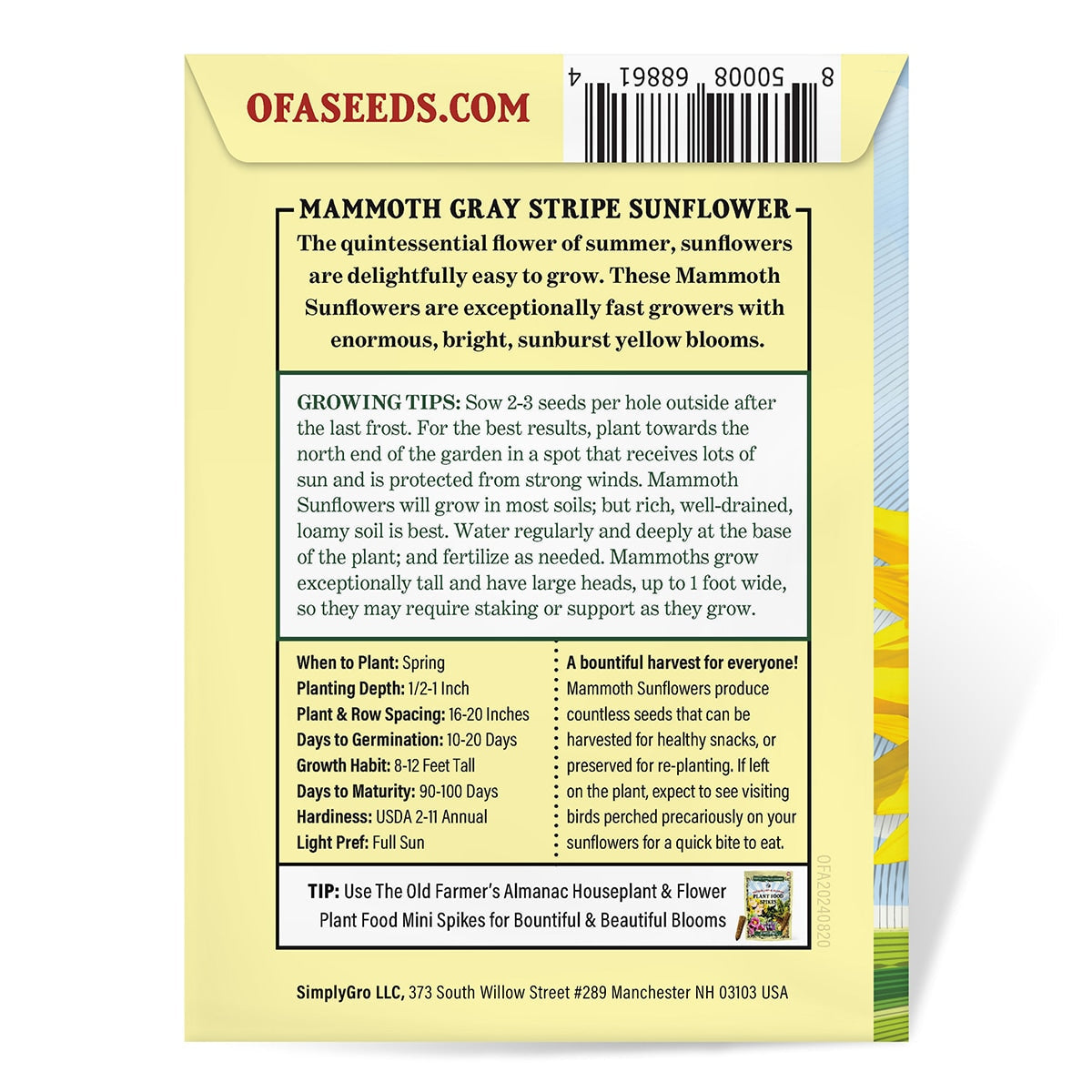 The Old Farmer's Almanac Mammoth Gray Strip Sunflower Seeds