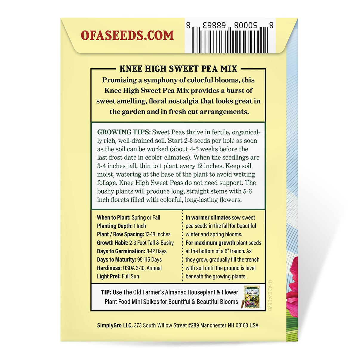 The Old Farmer's Almanac Knee High Mix Sweet Pea Seeds