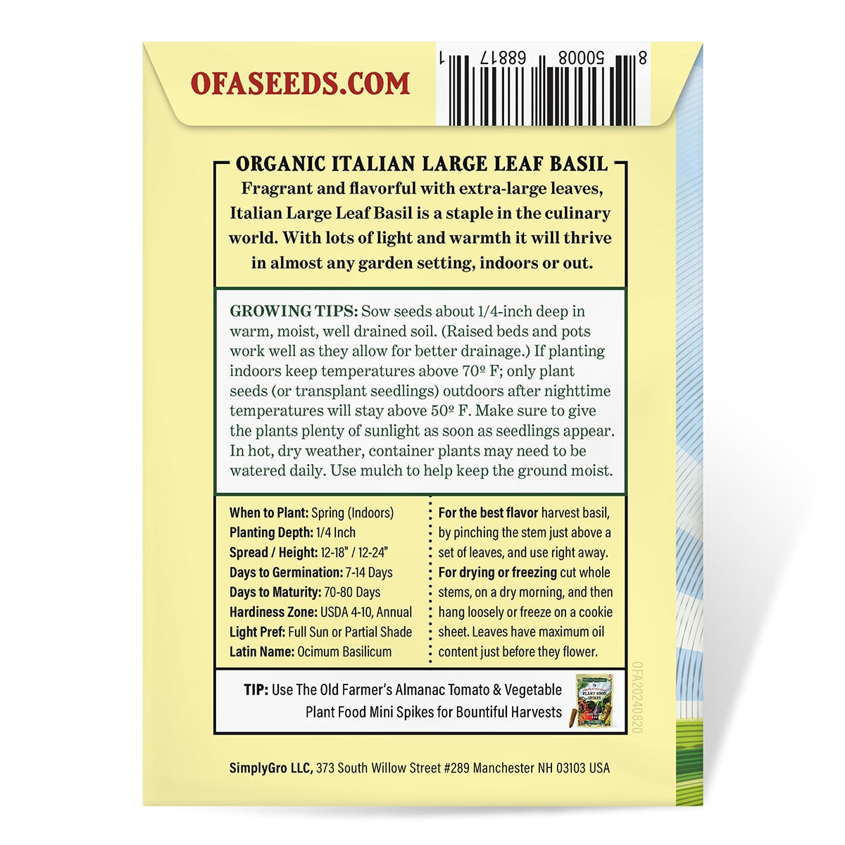 The Old Farmer's Almanac Heirloom Italian Large Leaf Basil Seeds - USDA Organic