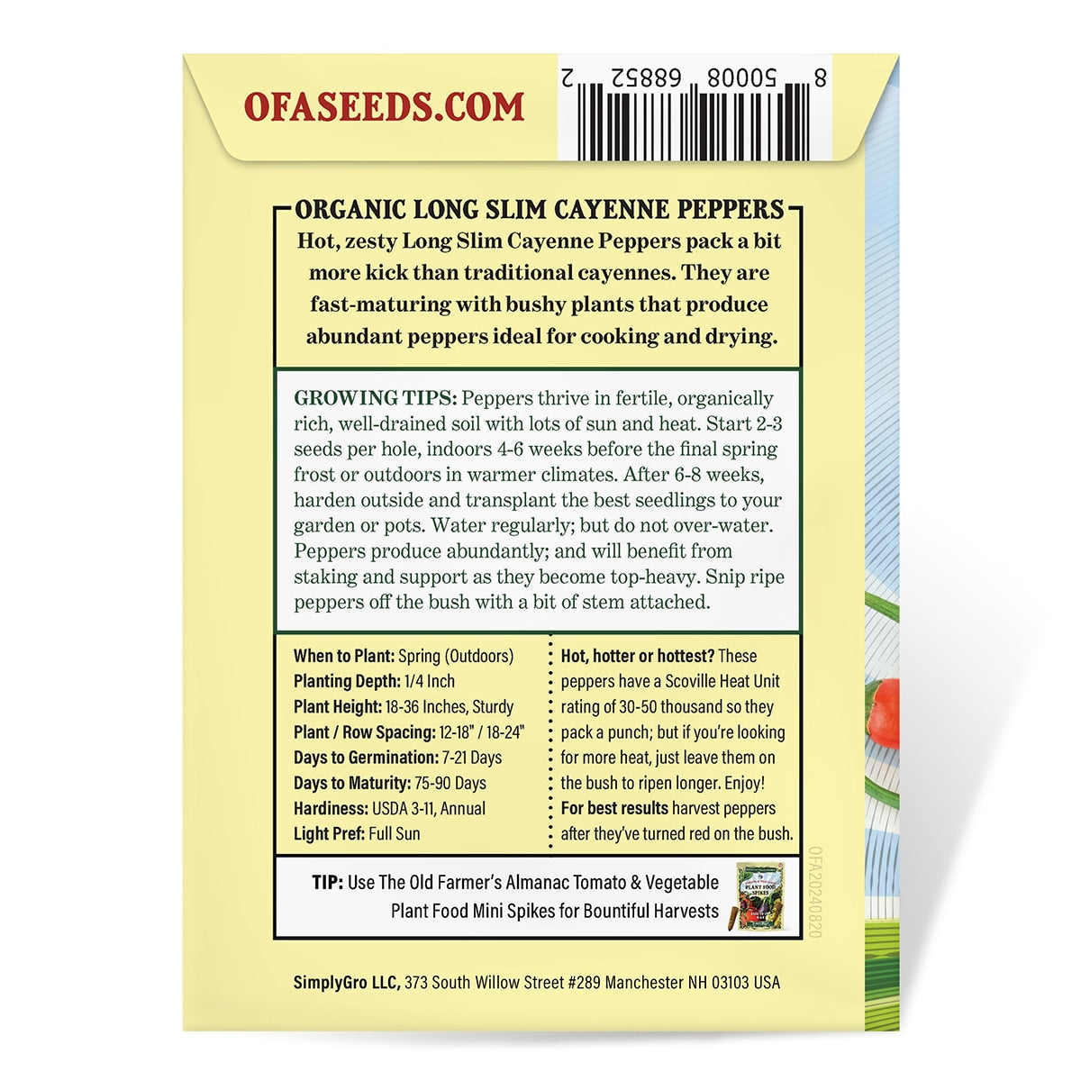 The Old Farmer's Almanac Heirloom Long Slim Cayenne Pepper Seeds - USDA Organic