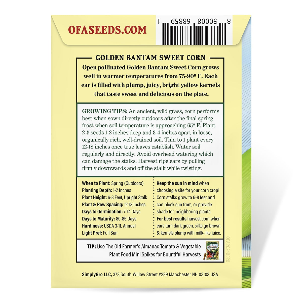 The Old Farmer's Almanac Heirloom Golden Bantam Sweet Corn Seeds