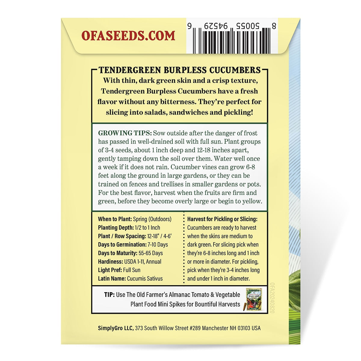 The Old Farmer's Almanac Heirloom Tendergreen Burpless Cucumber Seeds